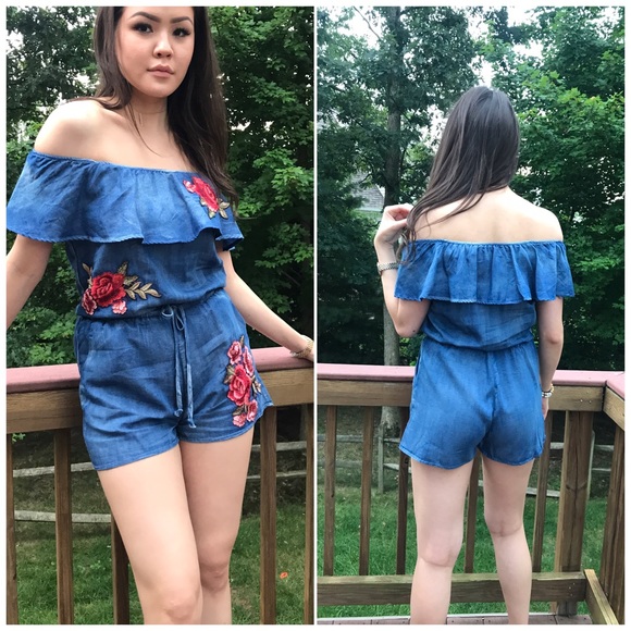 Denim Floral Patch Off Shoulder Romper - Picture 2 of 3