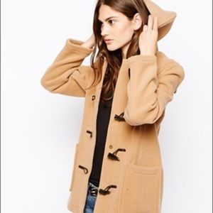 Gloverall tan wool swing duffel coat plaid lining