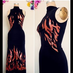 90s Fire print maxi dress cutout back glitter