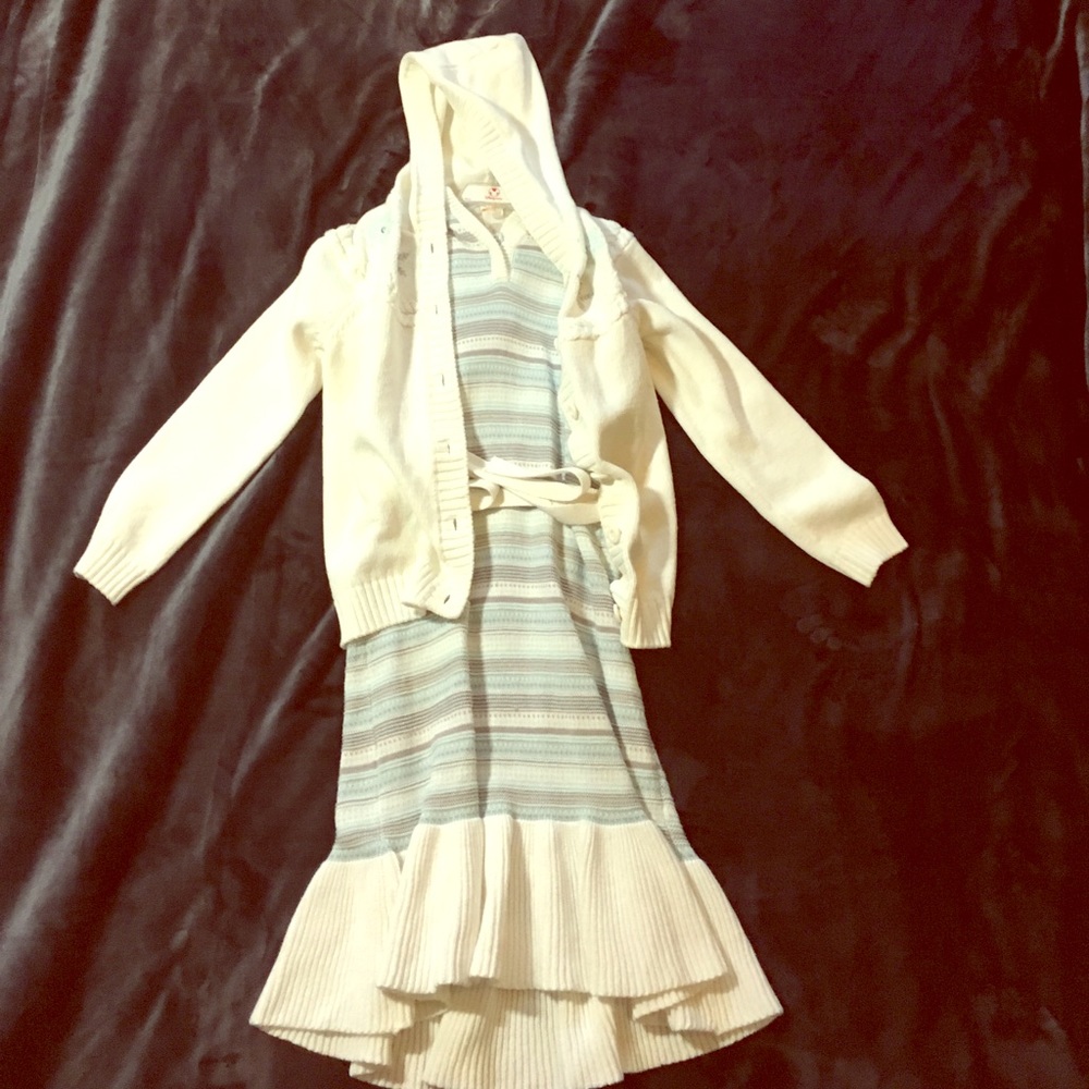 Striped blue and white dress with white sweater
