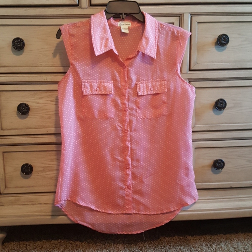 Sheer pink with polka dot button up shirt