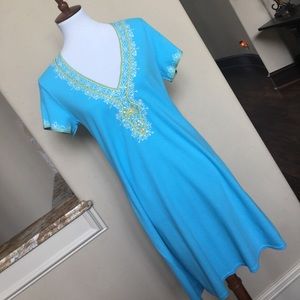 Turquoise sundress yellow/wht trim w rhinestnes