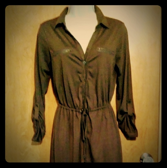 Army green dress, 3/4 length sleeves with drawstri - Picture 1 of 4