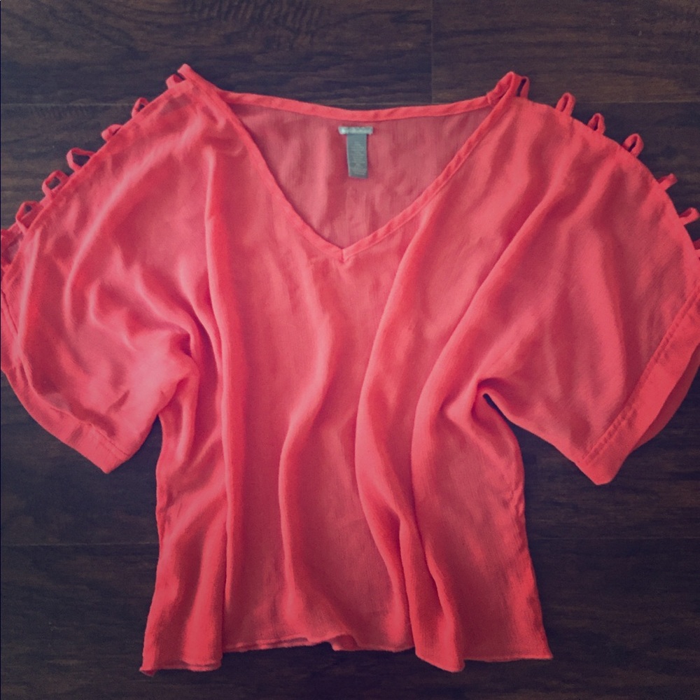 Sheer Coral Top with Cutout Sleeves
