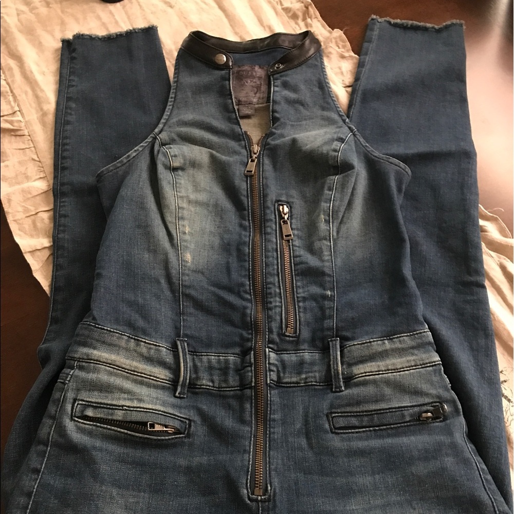 GUESS denim and leather trimmed jumpsuit