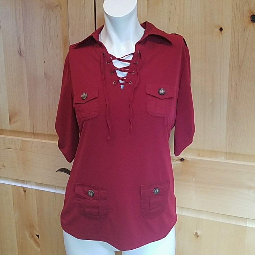 Burgundy short sleeve lace up tie top with collar