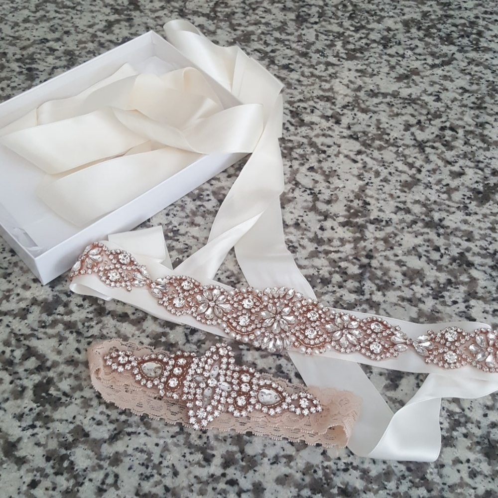Ivory Sash and Garter Belt with Rose Gold Accents