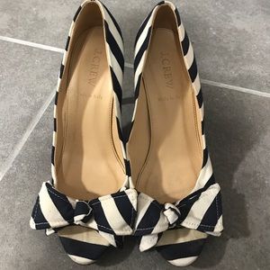 Jcrew navy white striped peep toe pumps.