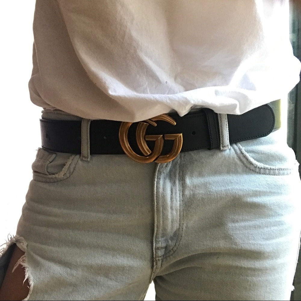 GG Gucci wide leather black and brass (gold) belt