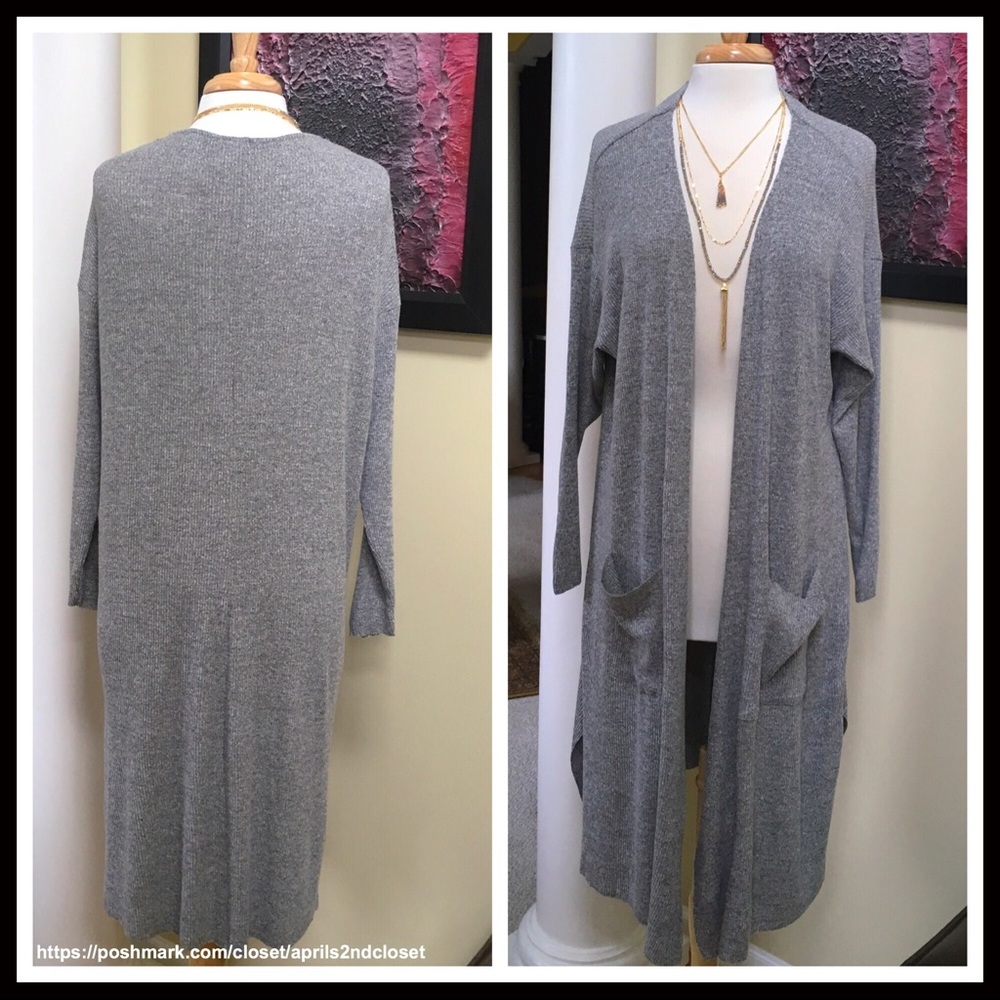 SEJOUR LONG GREY SWING DUSTER CARDIGAN W/POCKETS - Picture 2 of 8