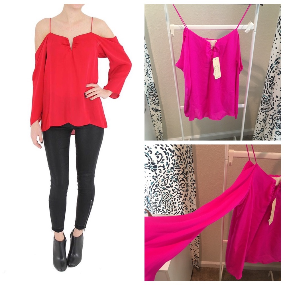 Nicole Miller Pink 100% Silk Cold Shoulder Top