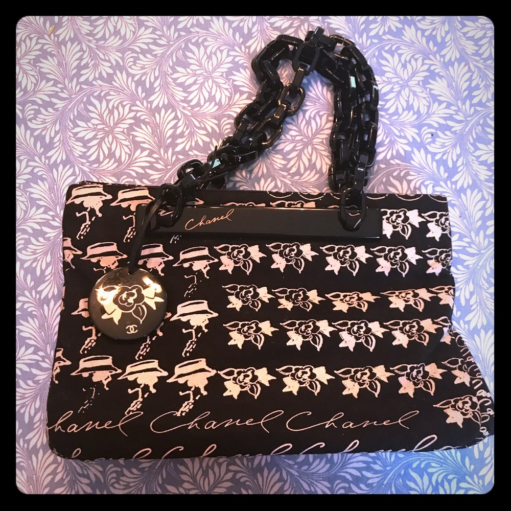 Chanel Black Canvas Print Plastic Chain Strap Bag