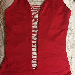 Medium red stringy one piece bathing suit