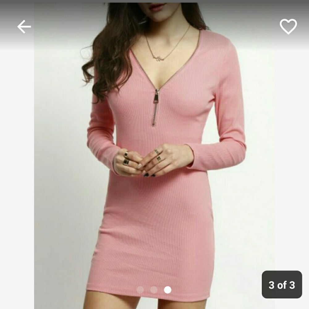 New Ribbed Knit Zipper Pink Pencil Bodycon Dress