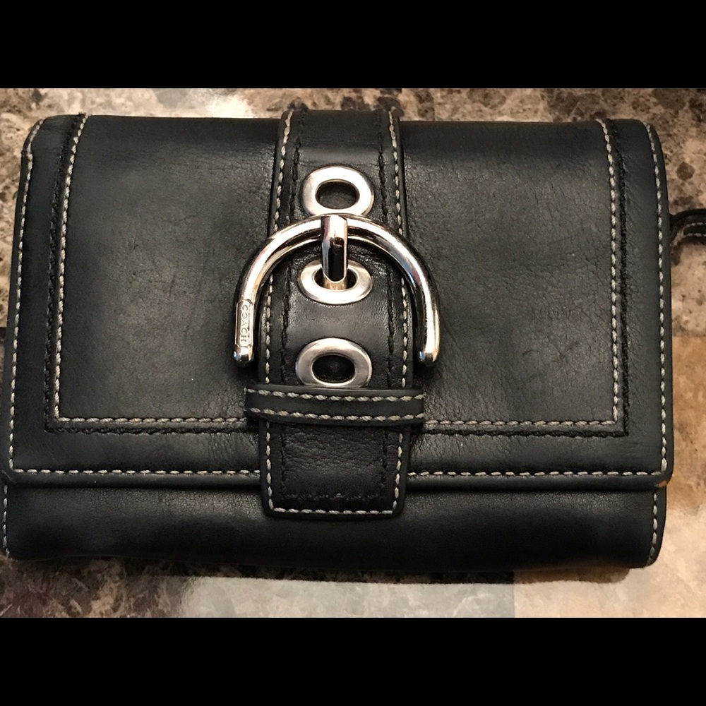 Coach Black Leather Topstitch Silver Buckle Wallet