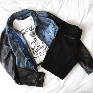 denim jacket with faux leather sleeves