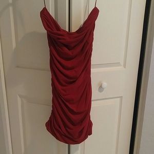 Red strapless rouched dress