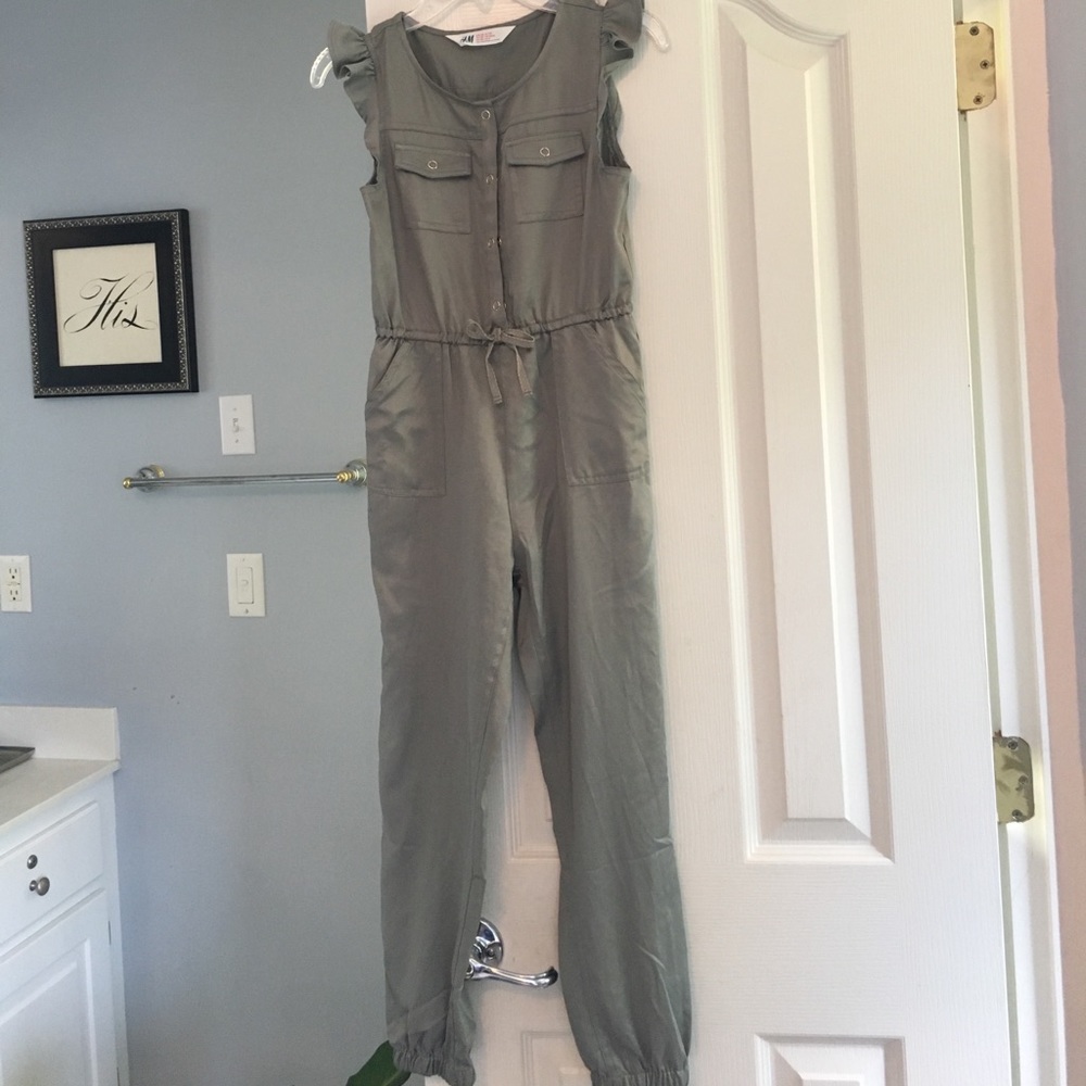 H&M Girls Olive Green Jumpsuit w/ Gold Accents