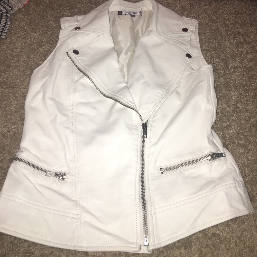 White sleeveless leather jacket