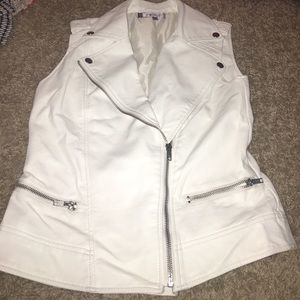 White sleeveless leather jacket