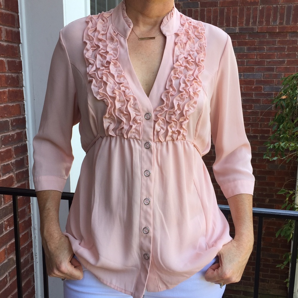 2 feminine ruffle blouses, cream, pink