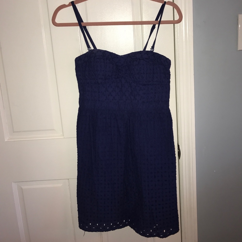 Strapless navy eyelet summer dress