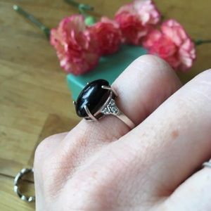 Onyx Diamond Sterling Silver Ring Size 5.5