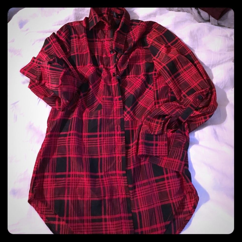 Long sleeve red & black silk top