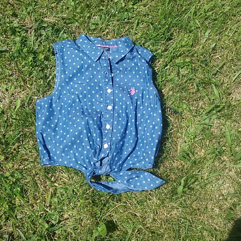 Blue white and pink button up polo crop top