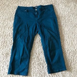Teal color jean capris.