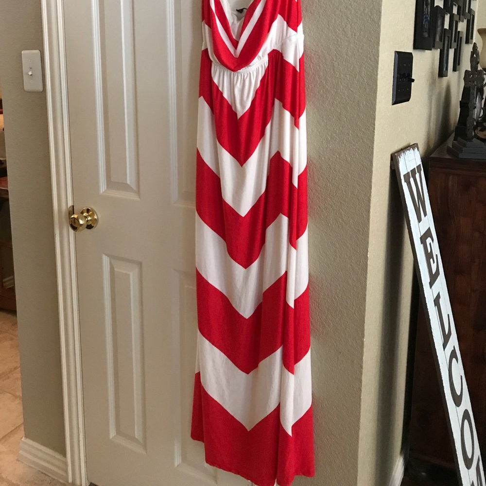 Red and white chevron maxi dress