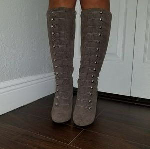 Addiction-61, grey knee high heel boots, size 6.5