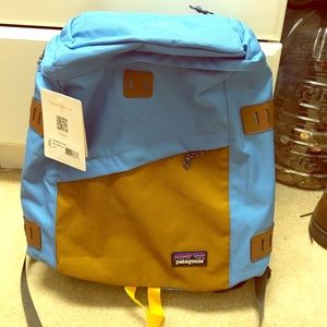 Patagonia blue and brown backpack
