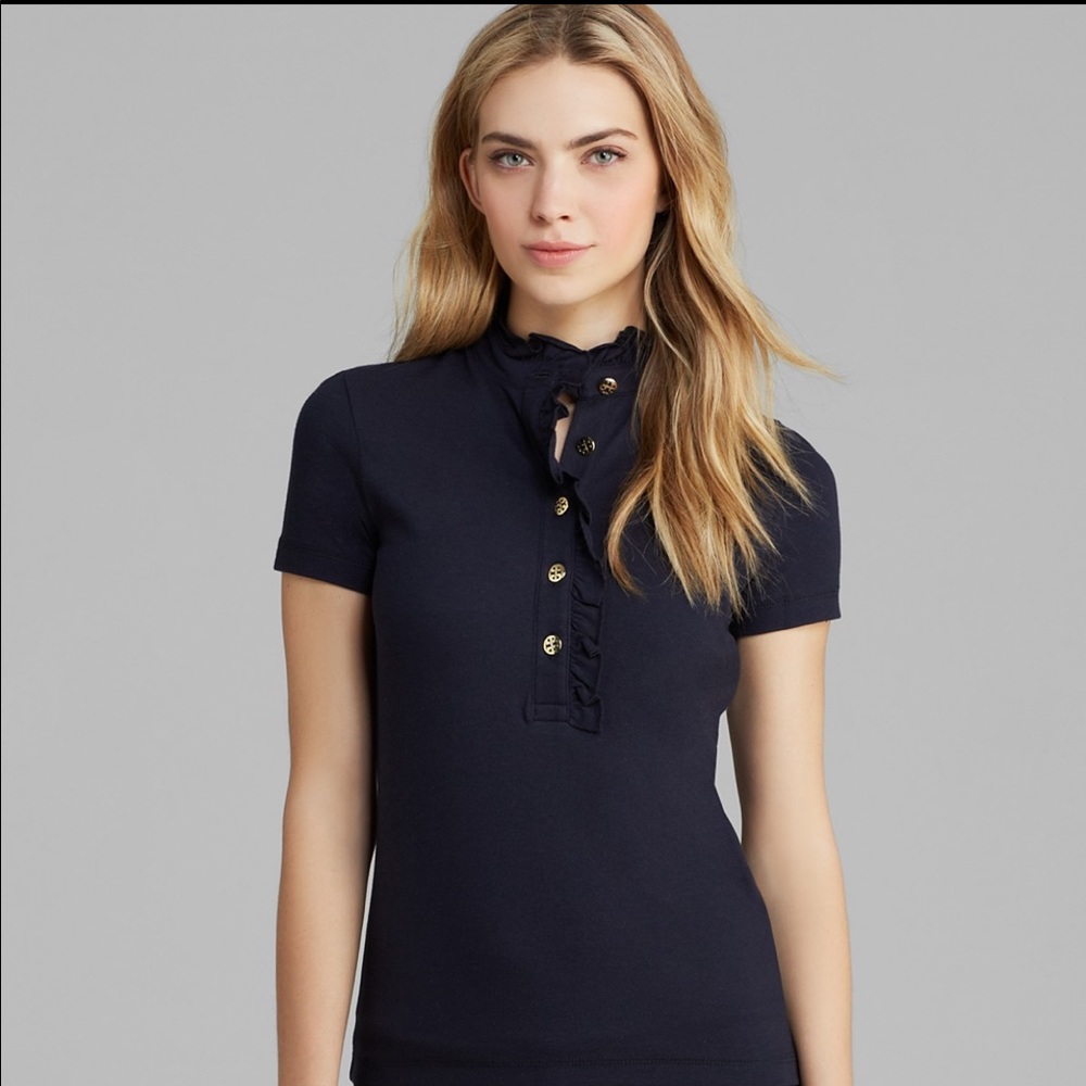 Tory Burch navy ruffled polo/shirt.