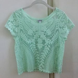 Express Short Sleeve Baroque Lace Tee - Green