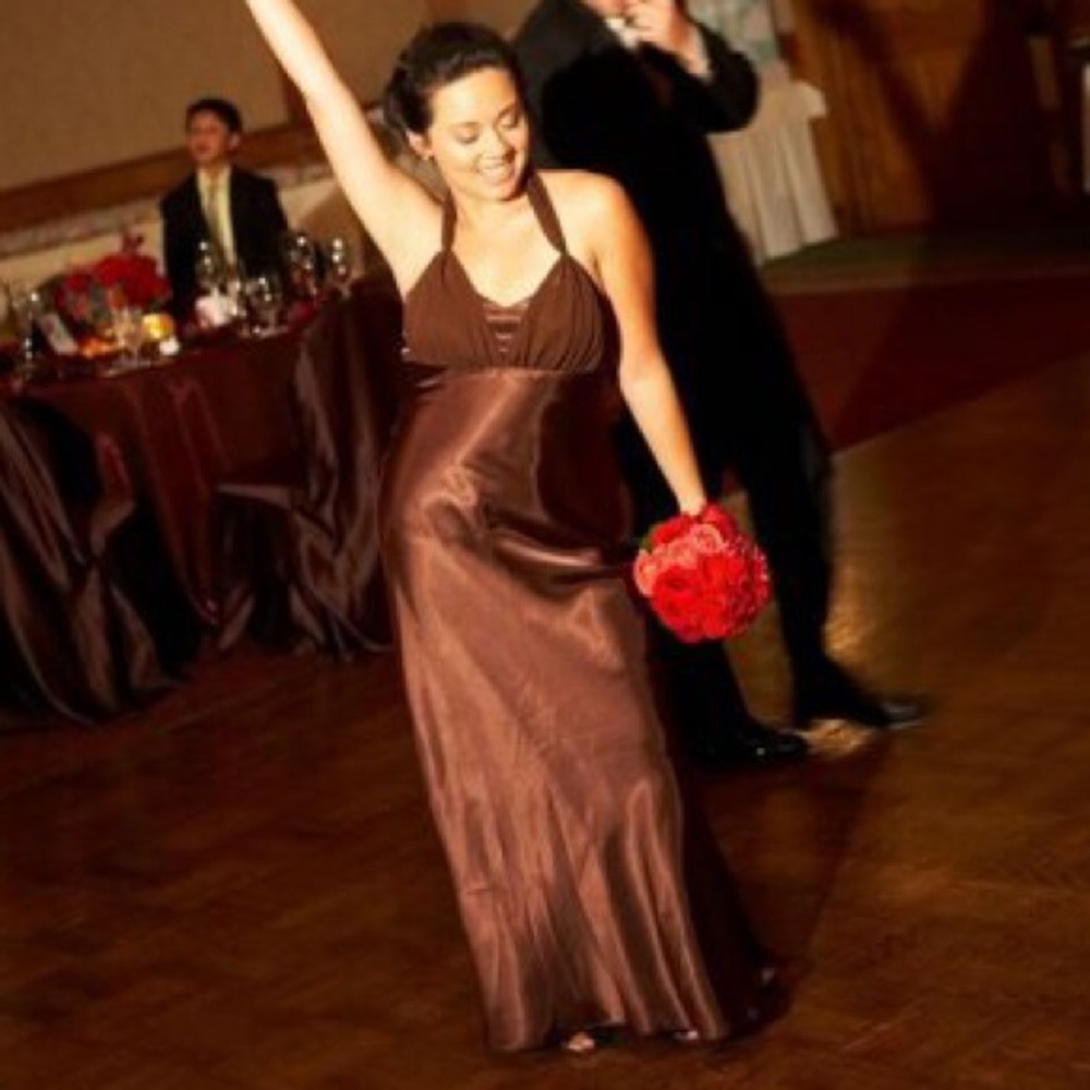 Floor length chocolate brown satin dress