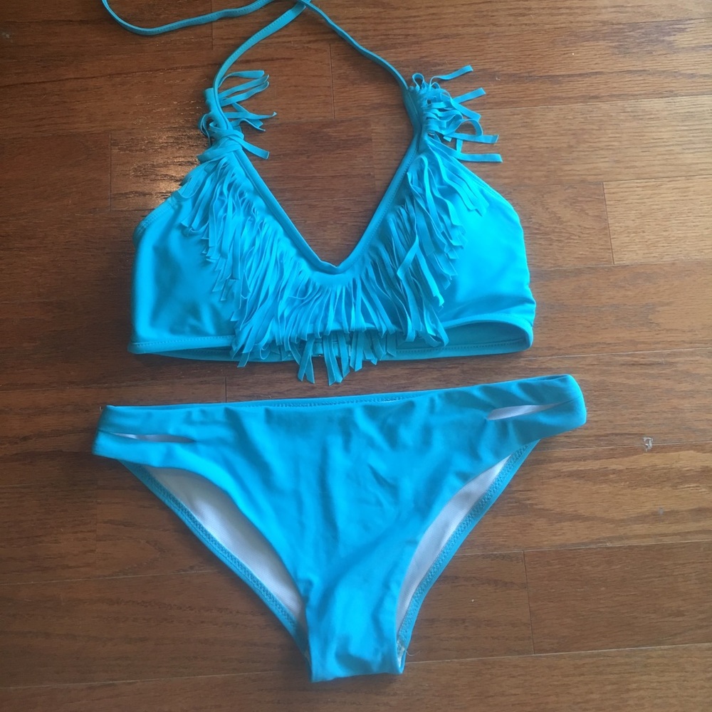 Blue Fringe Bathing Suit