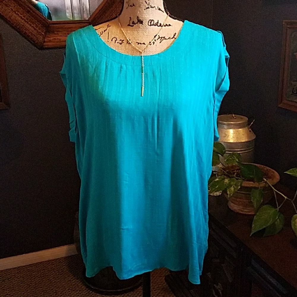 Turquoise Blue Shortsleeve Open Back Blouse - Picture 2 of 6