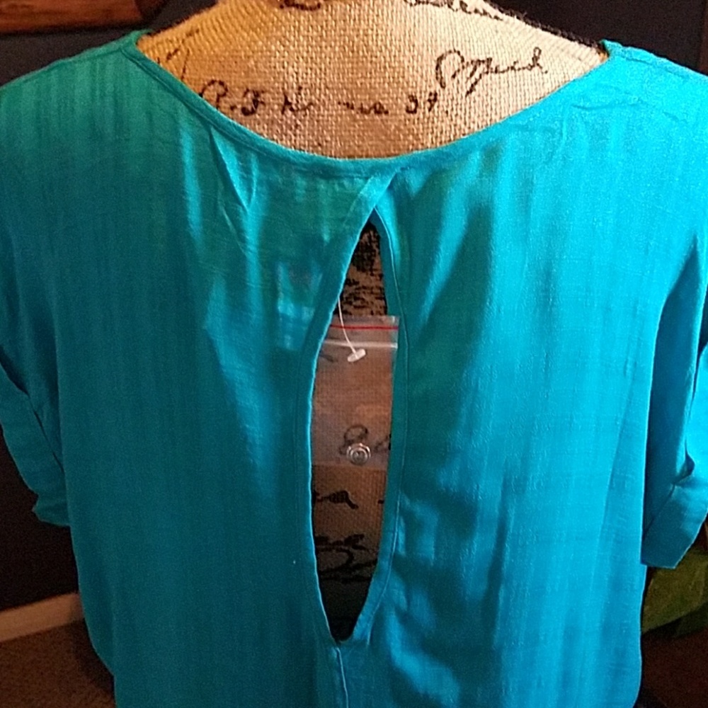 Turquoise Blue Shortsleeve Open Back Blouse - Picture 5 of 6