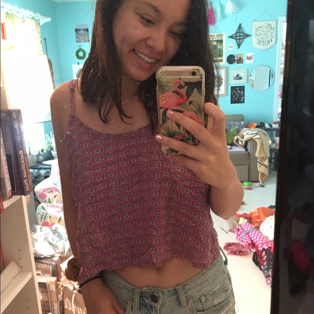 Pale red and blue patterned A&F crop top