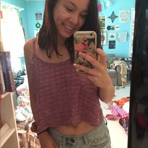 Pale red and blue patterned A&F crop top
