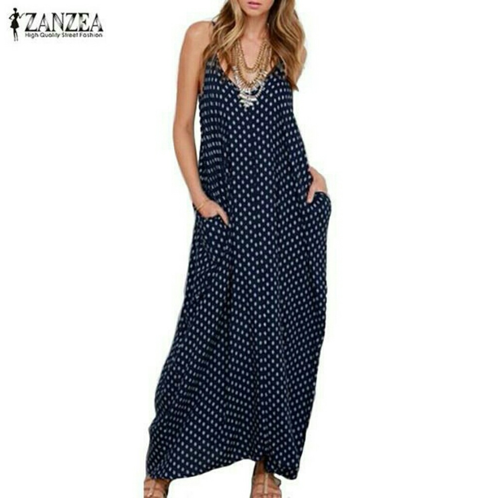 Long blue and white polka dot flowy dress.