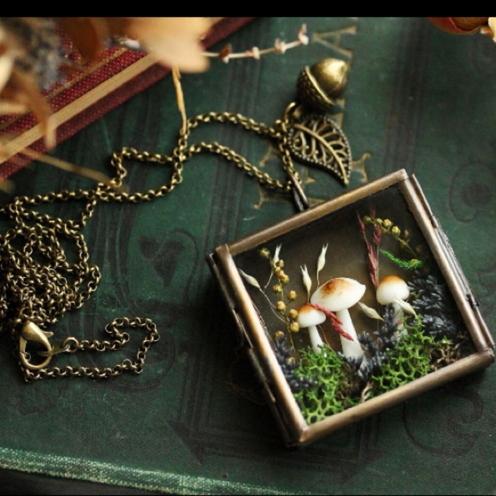 Adorable mushroom terrarium shadowbox necklace