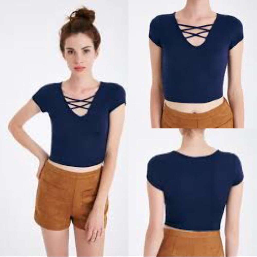 Navy crop top tee with strappy front detail