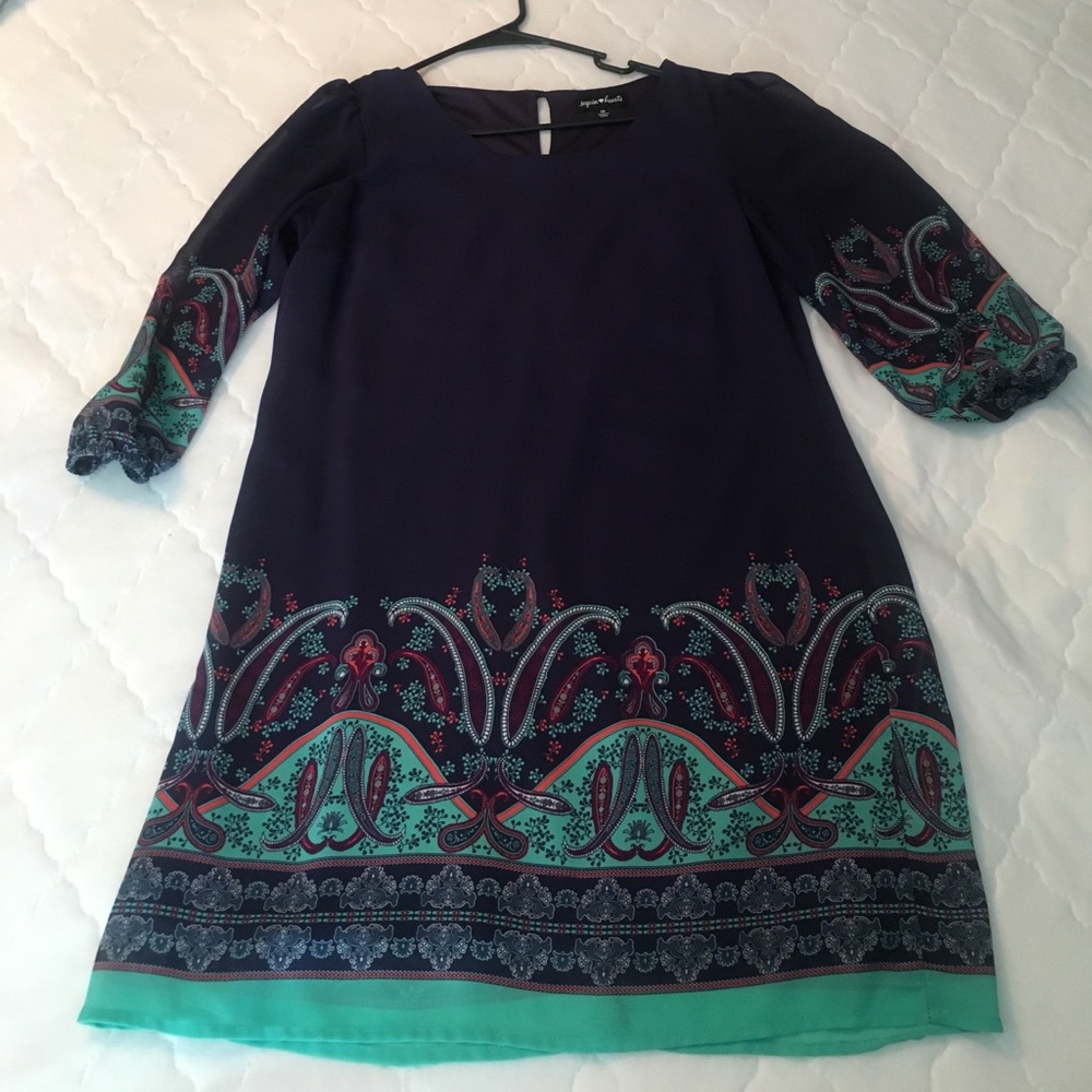 Navy Blue dress with teal and coral design