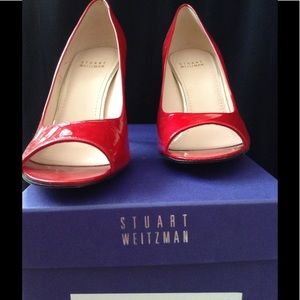 Stuart Weitzman Red 7.5 Leather Open Toe Pumps
