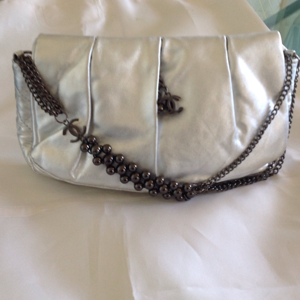 Silver lamb skin with pewter chain strap bag