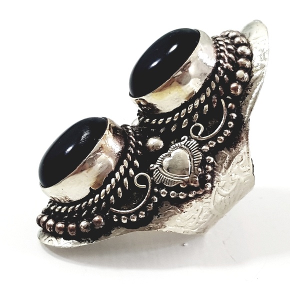 Imported Double Black Onyx Silver Adjustable Ring - Picture 2 of 5