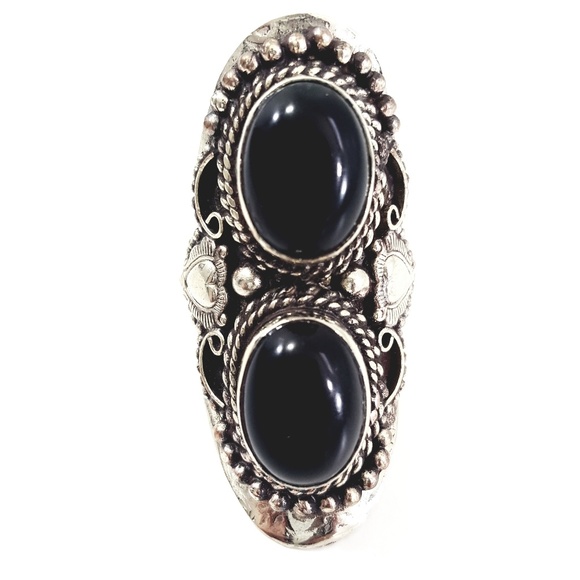 Imported Double Black Onyx Silver Adjustable Ring - Picture 4 of 5