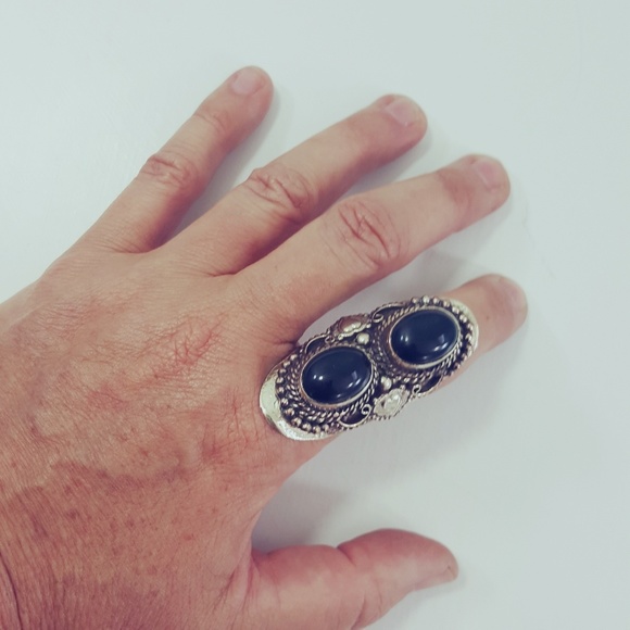 Imported Double Black Onyx Silver Adjustable Ring - Picture 5 of 5